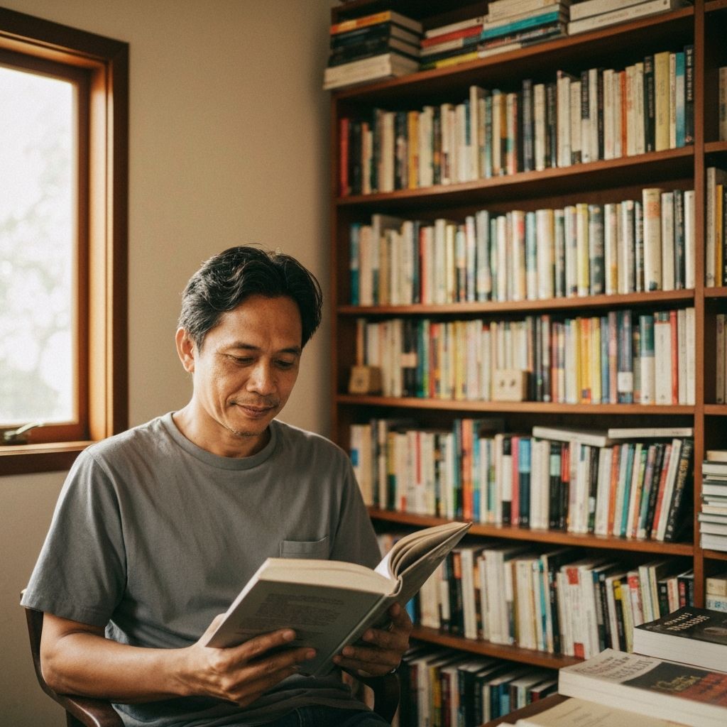 Pria Indonesia berusia 40-an membaca buku di ruang studi berlampu hangat