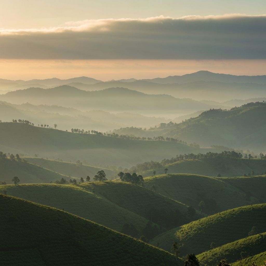 Pemandangan pegunungan tropis berkabut saat matahari terbit di Indonesia