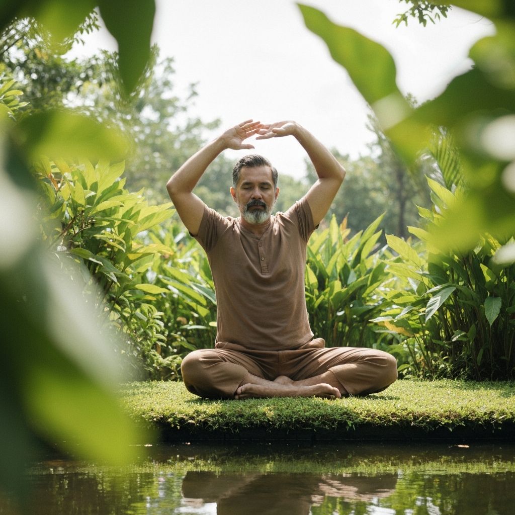 Pria dewasa melakukan yoga ringan di luar ruangan dikelilingi tanaman tropis