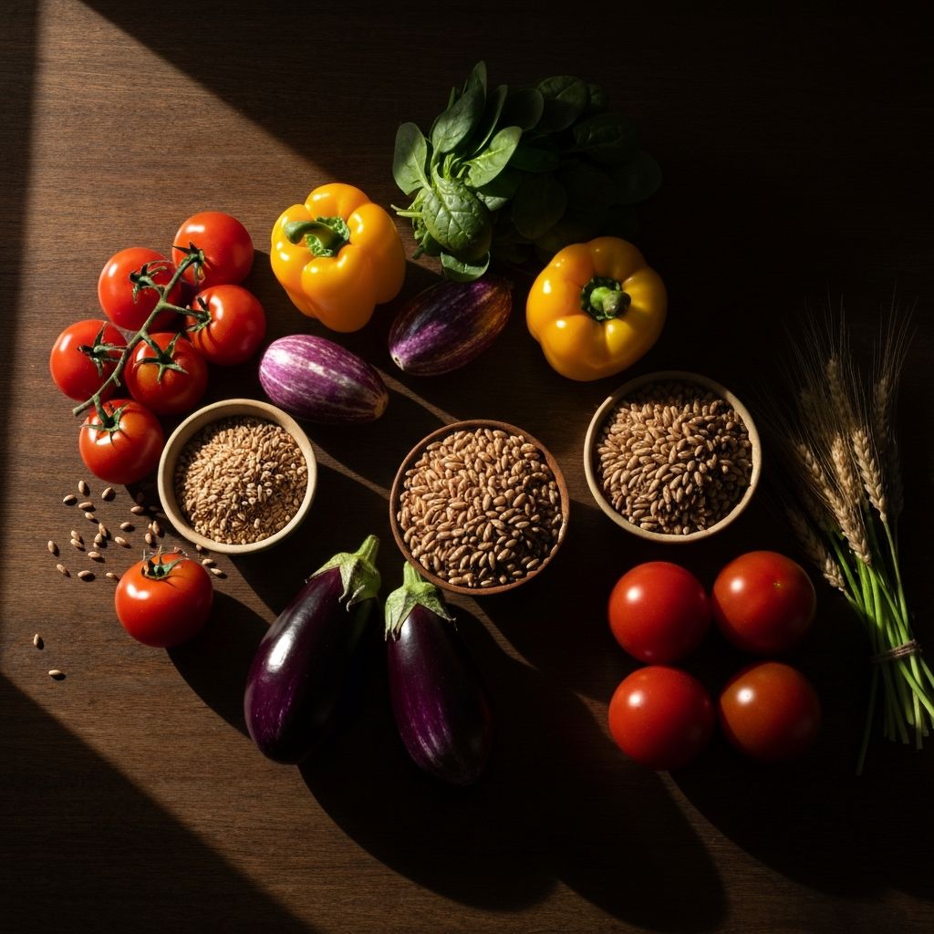 Berbagai makanan segar bergizi – sayuran, buah-buahan, dan biji-bijian